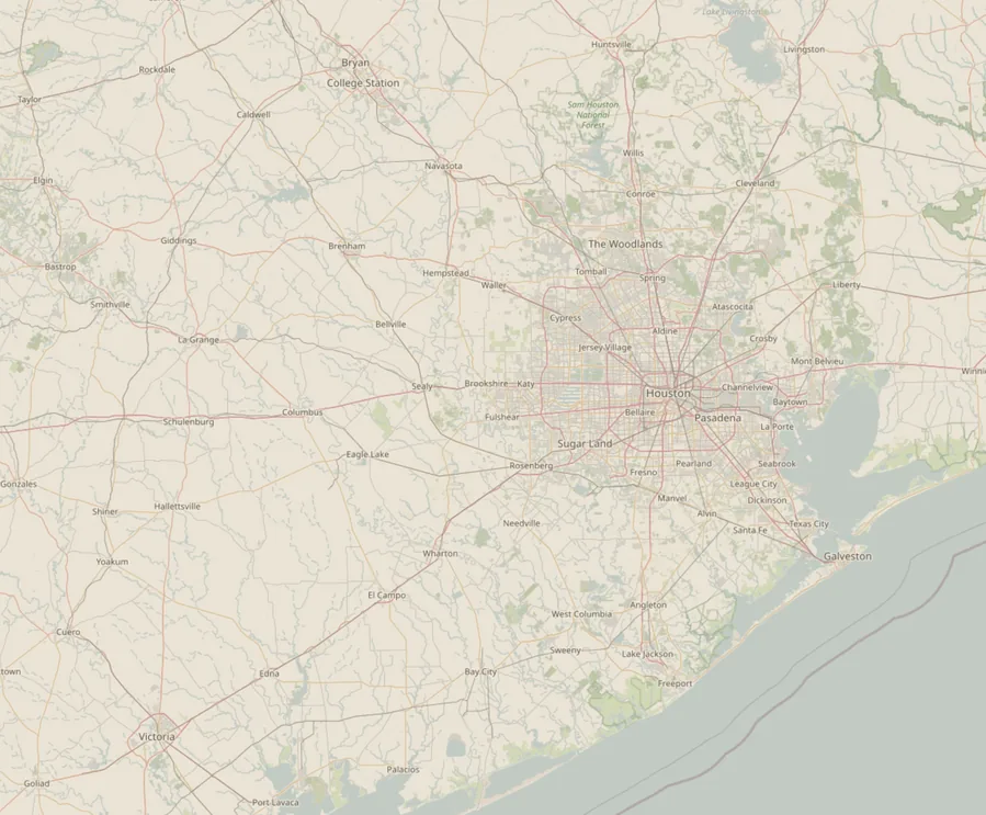 Map of the I-10 corridor from Houston west to Twin Oaks Resort in Alleyton
