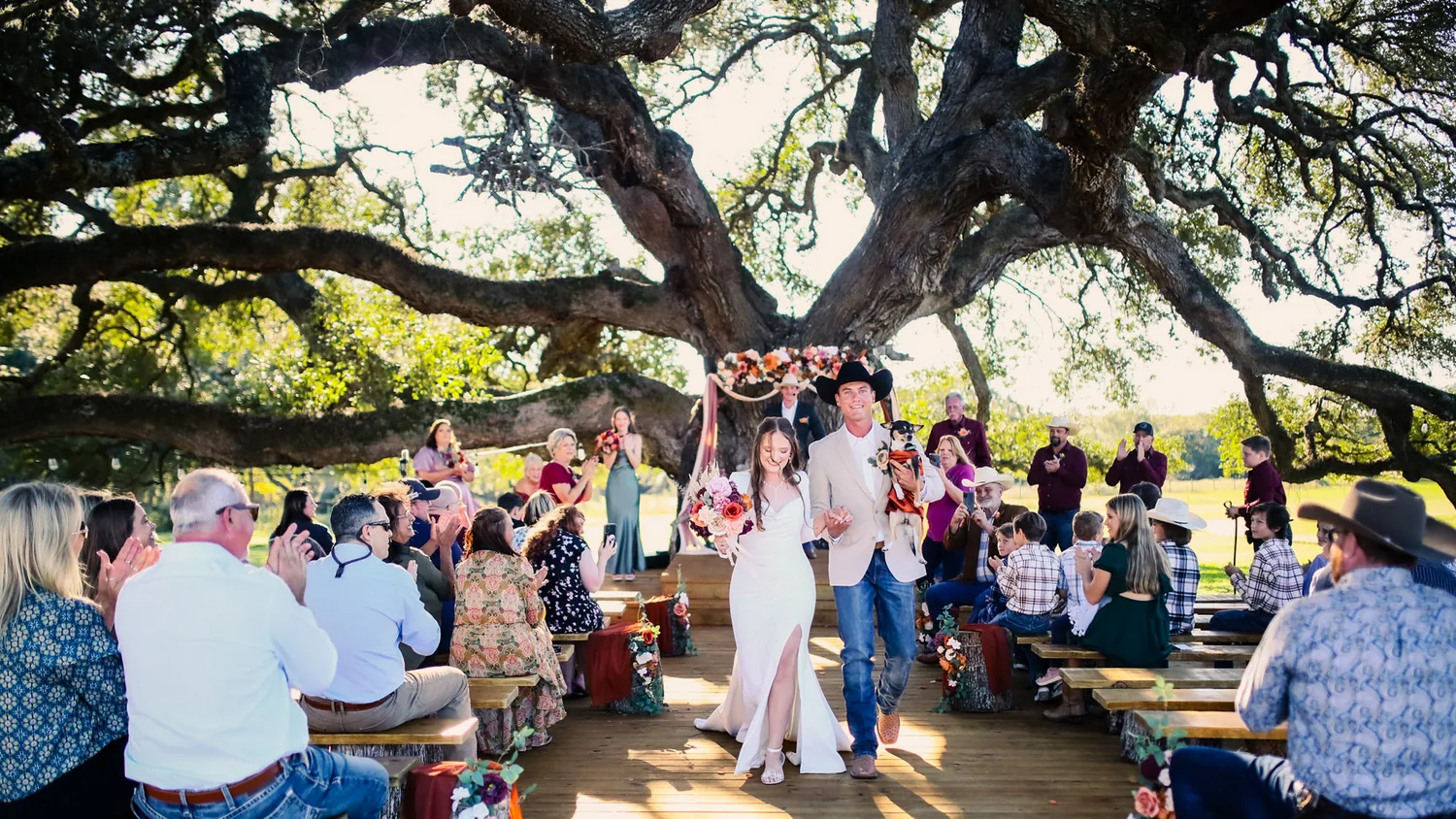A bride and groom walking the boardwalk aisle under the great oak at Twin Oaks